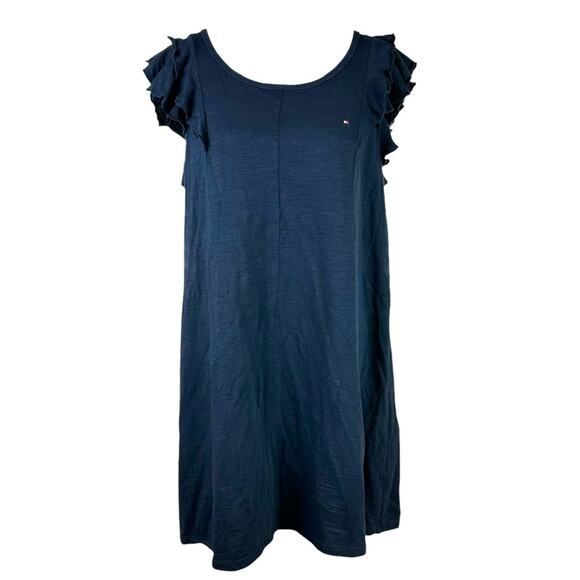 Tommy Hilfiger Shift Dress Ruffle Sleeves Size Medium Navy Blue - Picture 1 of 6